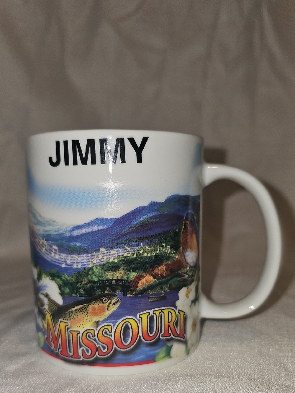 JIMMY Branson MISSOURI White Coffee Mug with Music, Fish, Home Scene - Used